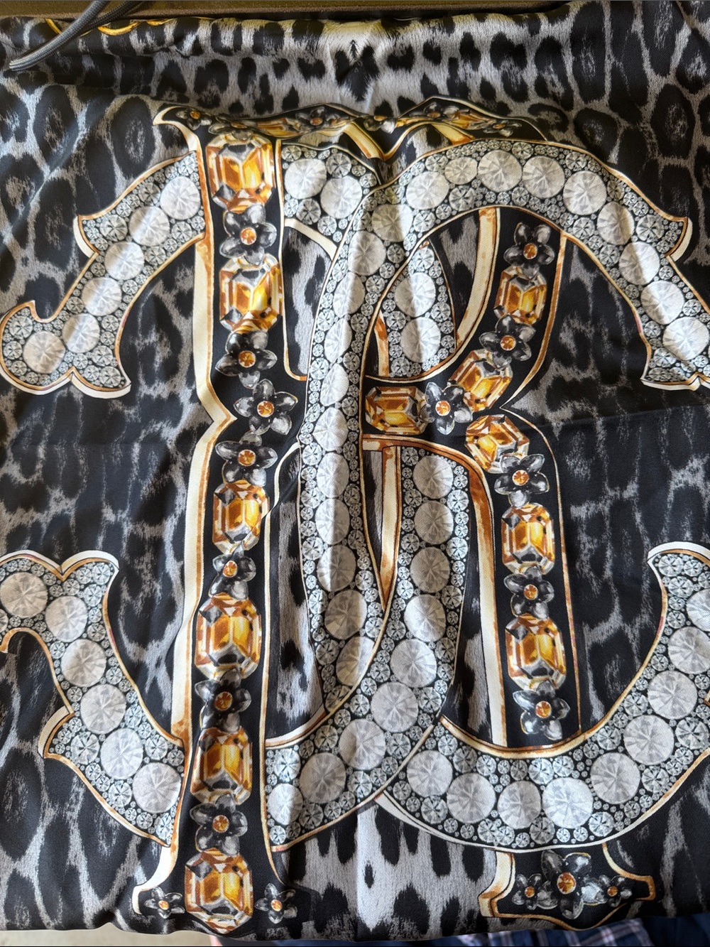 Roberto Cavalli Black and Gold Chain & Snake Motif Silk Scarf